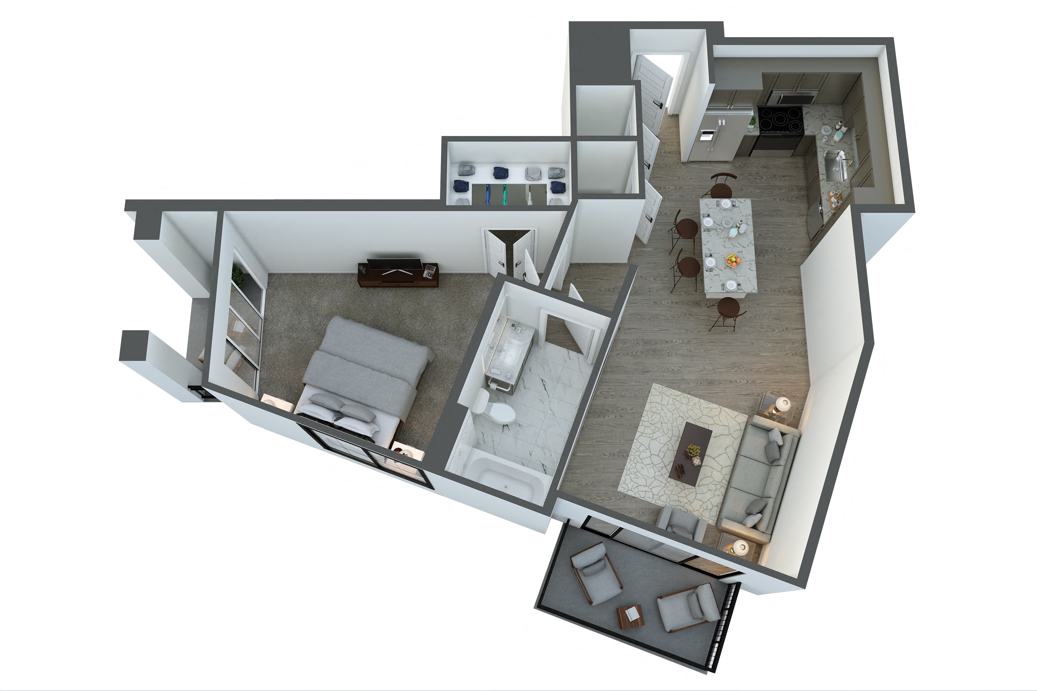 Floor plan for 1 bed, 1 bath, 688 sqft